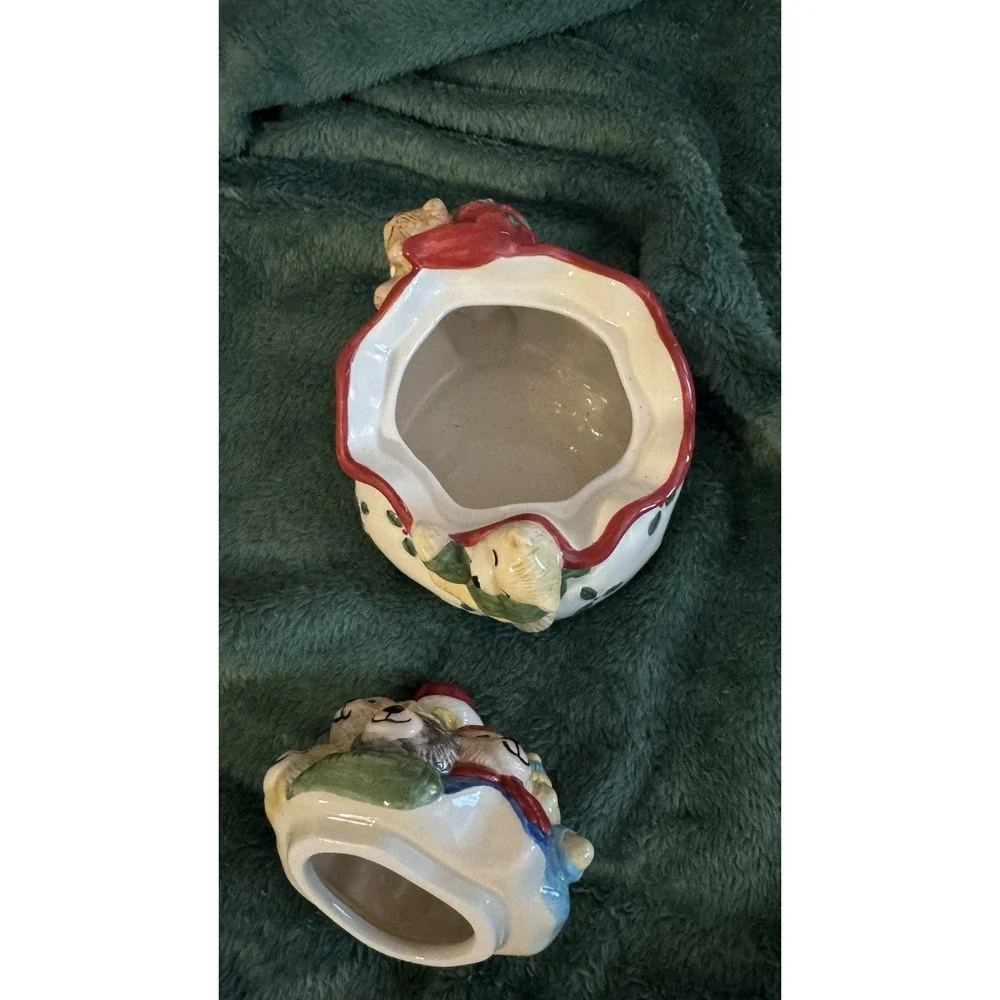Vtg Christmas Fitz & Floyd Elf & Teddy Bears Lid Covered Candy Dish 6